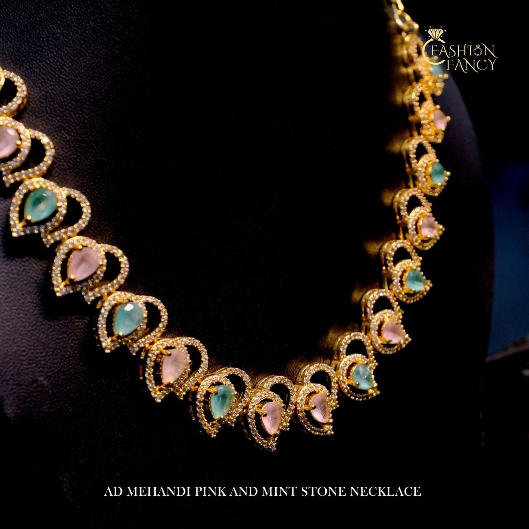 AD mehandi pink and mint stone necklace
